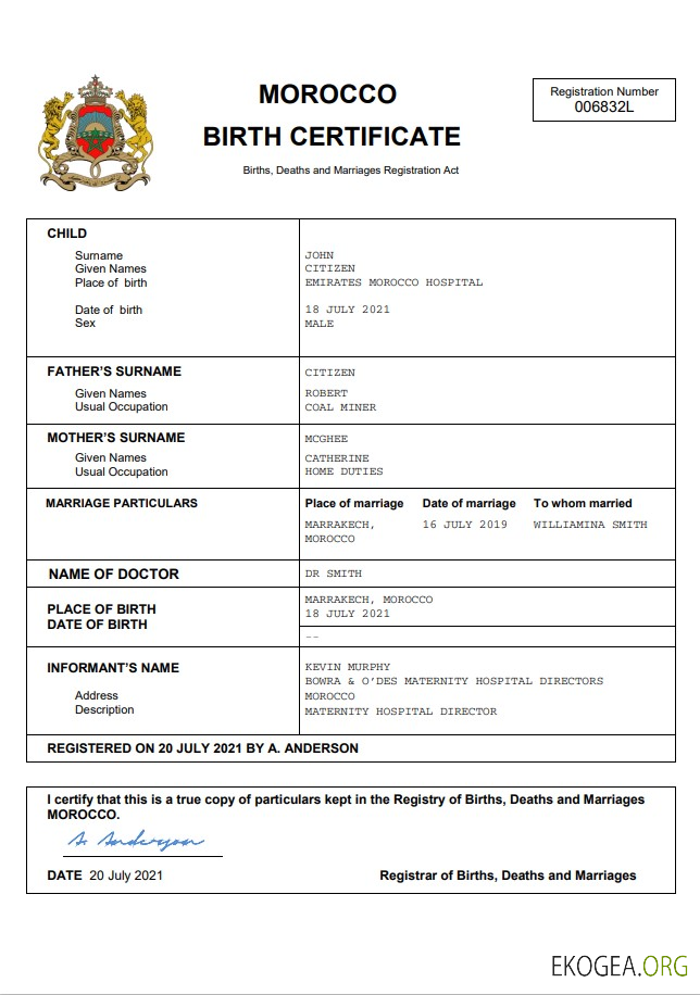 Modèle Word et PDF d'acte de naissance d'acte d'état civil au Maroc
